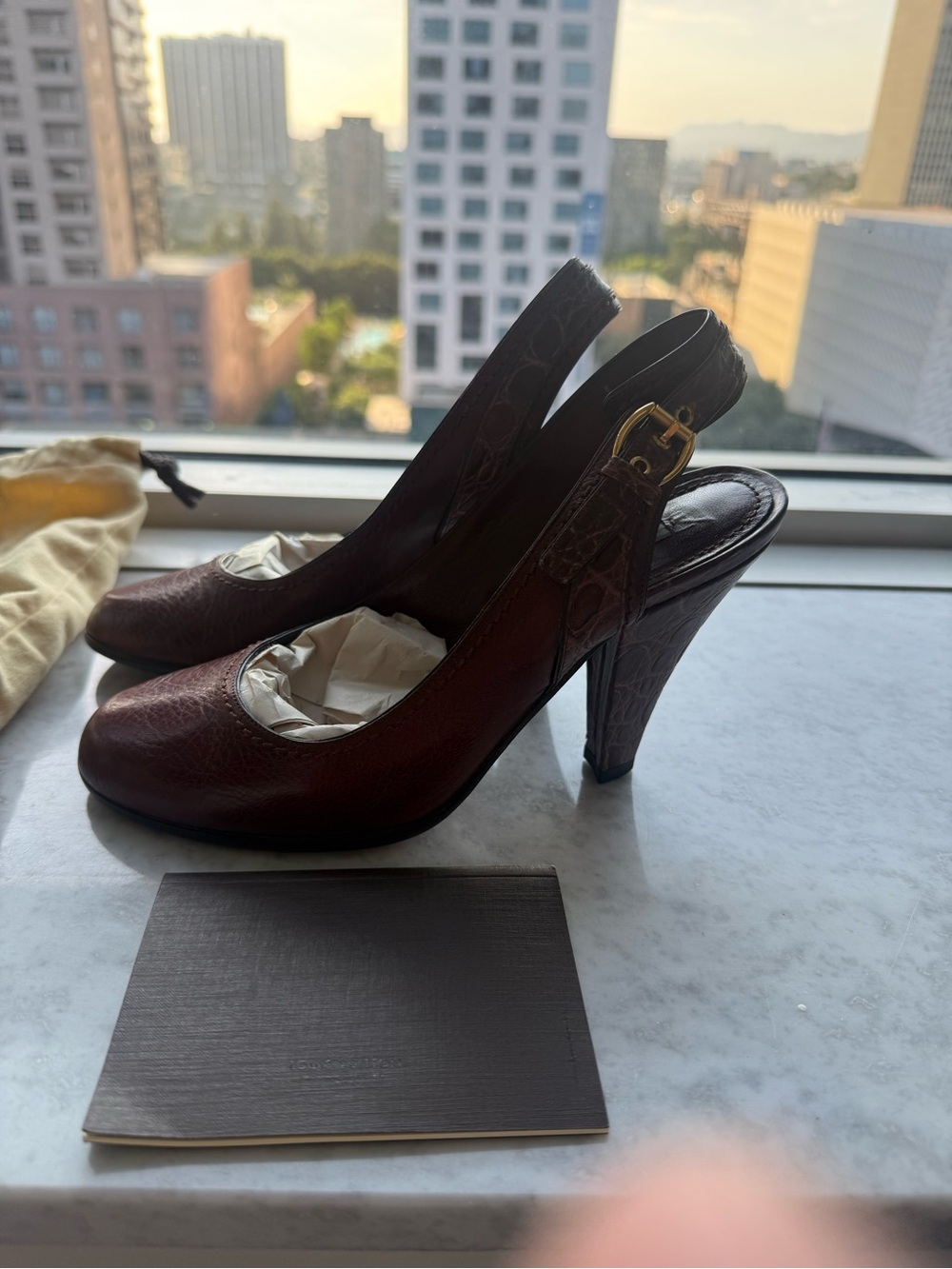 Louis Vuitton Burgundy Leather Slingback Heels with Gold Buckle